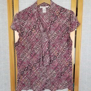 Merona 100% Silk Printed Blouse Neck Bow Brown Pink Size Large Button Up